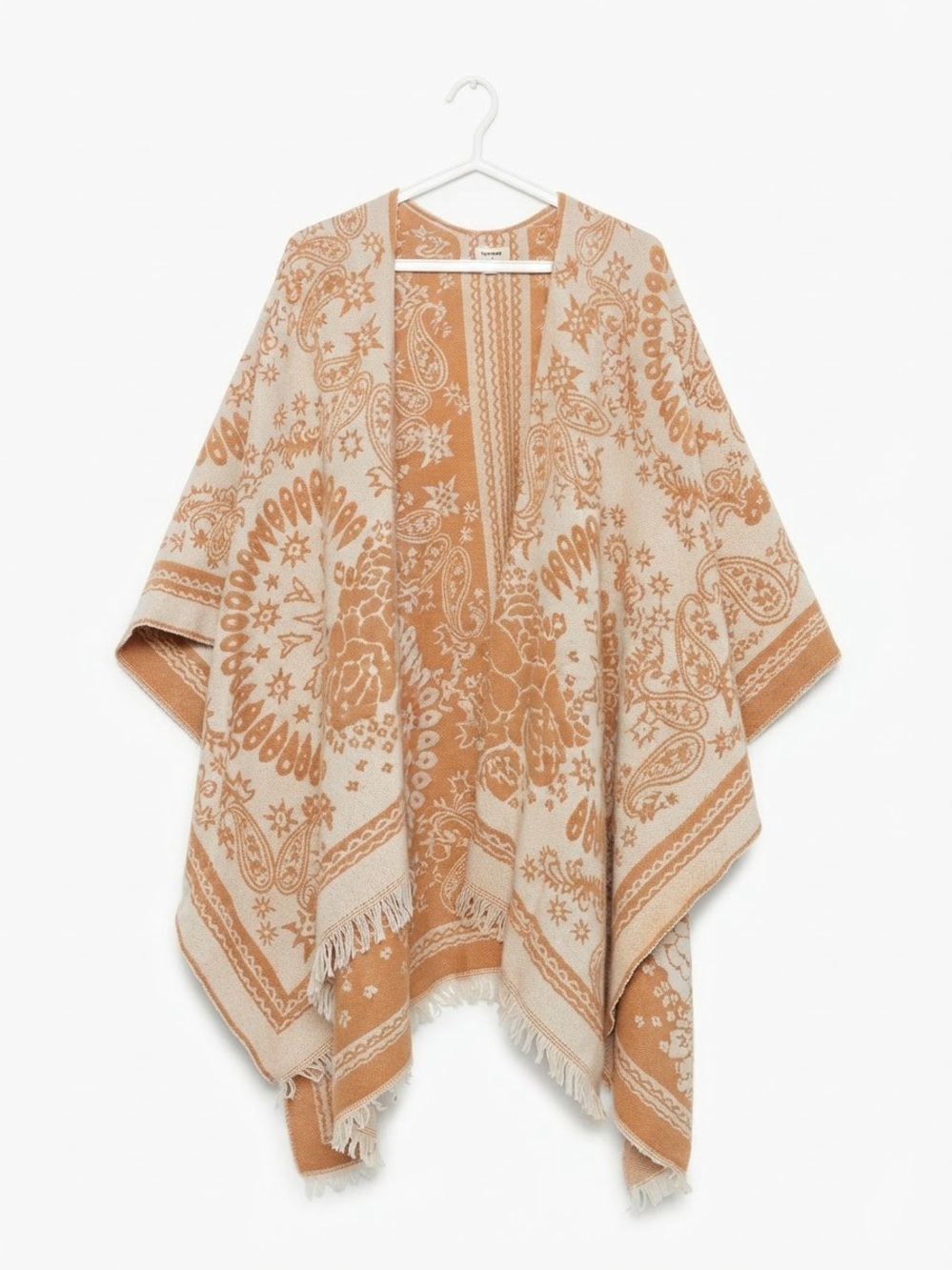 World Market Ivory Terracotta Paisley Poncho Cape Ruana Fringe Boho One Size